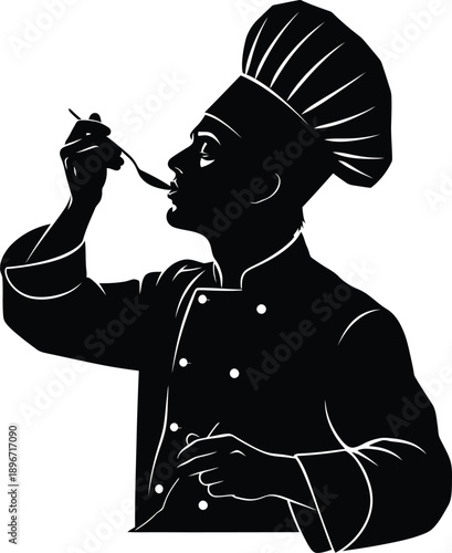 Black vector illustration of a businessman silhouette holding a golf club and a cocktail glass while a woman shadow stands near a person with a violin