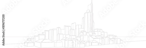 Architectural wireframe sketch of a modern city skyline with diverse buildings and tall skyscrapers on a waterfront or coastal setting, rendered in a minimalist line art style