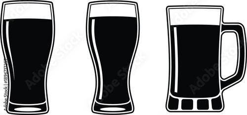 Three different glasses filled with dark beverages, suitable for showcasing a selection of drinks or beverages