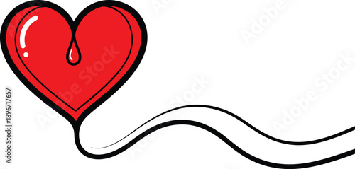 Red heart with a drop of blood and ribbon flowing, symbol of love and life