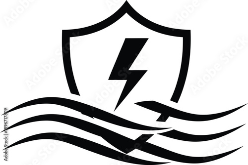 Shielded Lightning Bolt Over Water Waves Icon Representing Electrical Safety and Power Protection