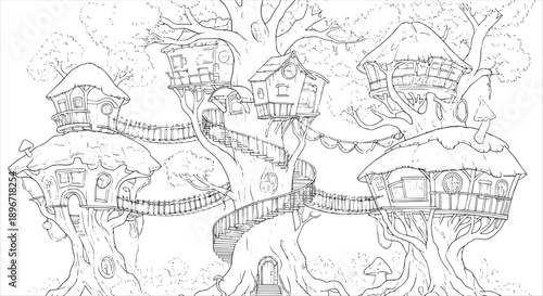 Magical Treehouse Village Coloring Page with Enchanted Forest Details