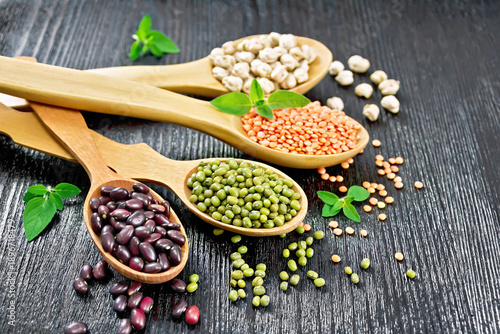 Lentils with chickpeas and beans in spoons on dark board