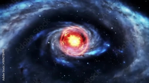 Red giant star center framed by swirling blue galaxy arms and field of stars in deep space