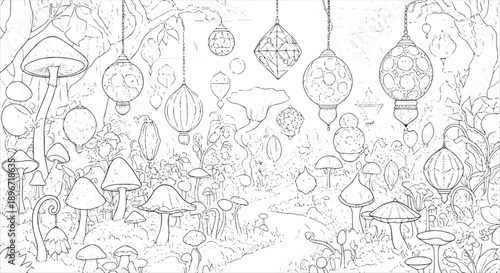 Enchanted Mushroom Forest with Hanging Lanterns Detailed Coloring Page