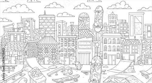 Skateboard Park and Urban Cityscape Detailed Coloring Page for Teens