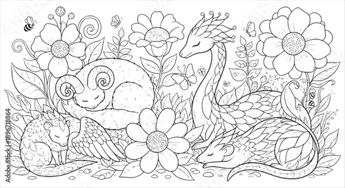 Whimsical Garden Scene with Mythical Creatures and Large Flowers Coloring Page