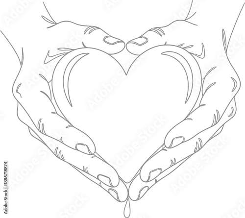 Line art illustration of human hands gently holding and outlining a symbolic heart shape, representing compassion, care, and generosity