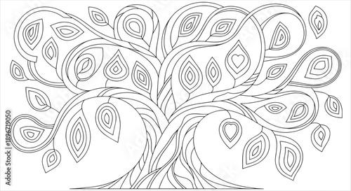 Large Abstract Tree of Life Coloring Page with Heart-Shaped Leaves and Flowing Branches