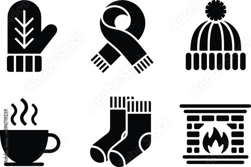 Collection of Minimalist Winter Comfort Icons Featuring Knitted Mitten Scarf Woolen Beanie Hat Hot Coffee Cup Socks and Cozy Fireplace for Seasonal Design Vector Illustration