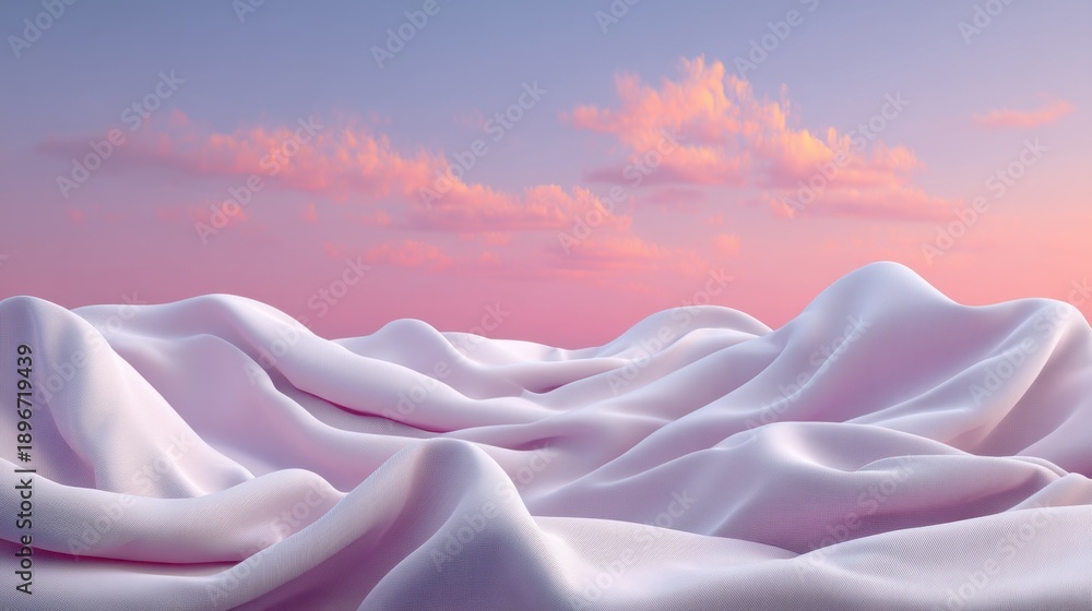 Fototapeta premium Soft Pink Fabric Waves Under a Beautiful Pastel Sky with Clouds at Sunrise, Ideal for Abstract and Minimalist Designs and Backgrounds