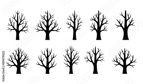 Minimal Dead Tree Silhouette Forest Set with Scary Dying Black Trees Vector