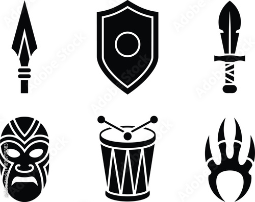 Tribal Warrior Tools and Primitive Weapon Icon Set: Black Silhouette Vector Symbols