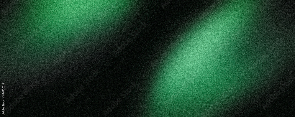 Fototapeta premium Green glowing abstract shape on dark grainy black background, noise texture futuristic dynamic poster design