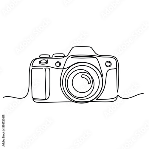 Minimalist line art illustration of a professional digital camera, perfect for photography enthusiasts and creative professionals