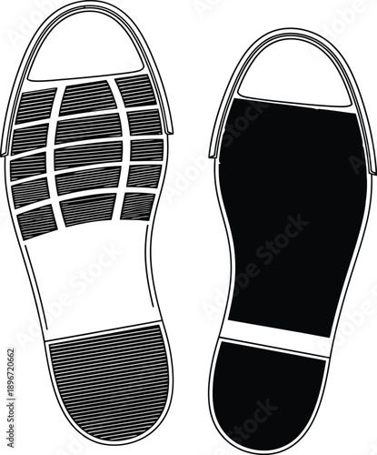 Monochrome Vector Illustrations of Two Distinct Shoe Sole Patterns, Highlighting Tread Designs for Walking and Personal Tracks