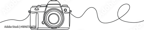 A minimalistic, single-line illustration of a camera, featuring a continuous line that forms the body and lens, with a flowing, trailing line