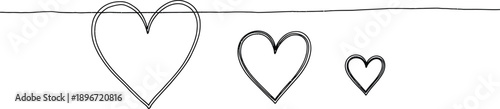 Three varying sized hand-drawn heart shapes in a line on a white background, symbolizing love and affection