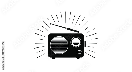 Vintage radio broadcasting sound waves with antenna extended