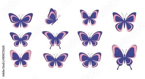 A set of nine purple butterfly vector illustrations with pink accents, arranged in three rows on a white background, showcasing a decorative and modern design.