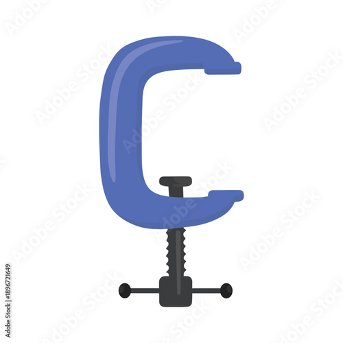 blue metal C clamp with screw mechanism displayed on a clean white background in a simple minimal style.