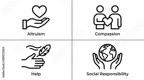 Social Responsibility Icons in Minimalist Style with Simple Black Lines on White Background for Charity Campaign
