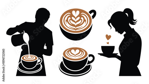 Coffee Latte Art Barista Pouring Milk and Serving Silhouette Vector Set