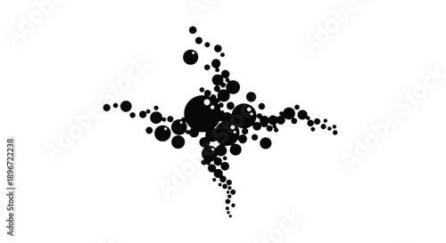 Abstract scattering of black spheres and dots forming a dynamic starburst shape