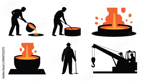 Foundry Workers Pouring Molten Metal Industrial Process Silhouettes