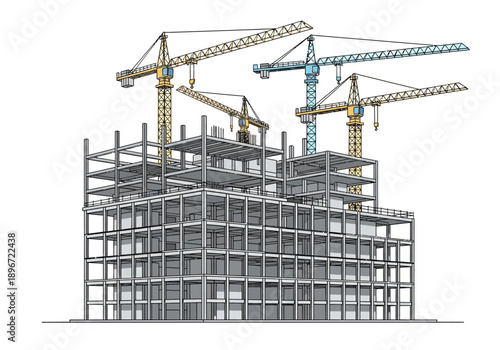 Building under construction with multiple tower cranes overhead
