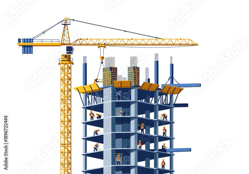 Construction of a highrise building supported by a large yellow tower crane
