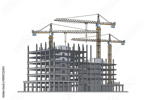 Construction site illustration showing a multistory building frame and tower cranes