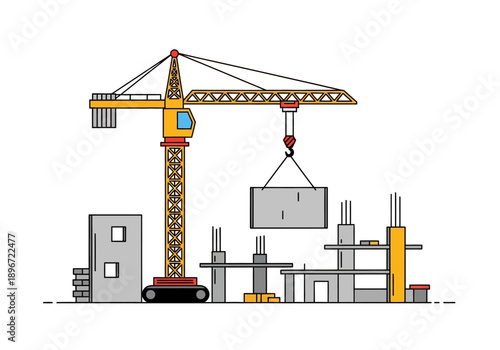 Construction site with a yellow crane lifting a gray concrete slab