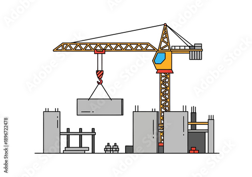 Construction site with a tower crane lifting a large gray slab