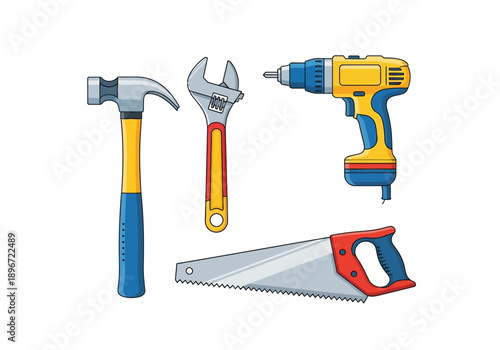 Four distinct hand tools hammer wrench drill and handsaw