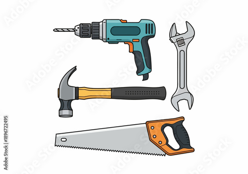 Illustration of four hand tools a drill hammer wrench and handsaw