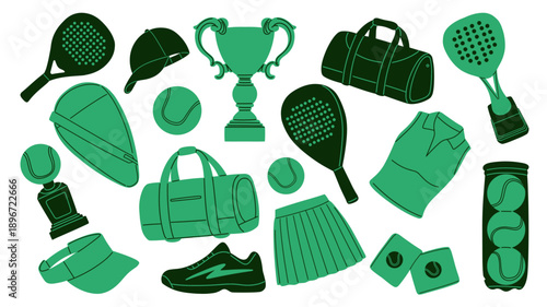 set padel equipment including rackets, balls, trophy, sports bag, shoes, skirt, cap, towel, wristband, and accessories.Perfect for sports branding, training concepts, fitness design, tournaments, apps
