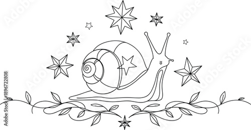 Whimsical Line Art Illustration of Magical Snail Surrounded by Celestial Stars and Leafy Vines for Childrens Book Design Enchanted Garden Nature and Fantasy Concept