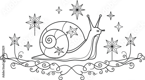 Whimsical Line Art Illustration of Magical Snail Surrounded by Celestial Stars and Sparkling Elements for Childrens Book Design Enchanted Garden Nature and Fantasy Concept