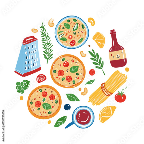 Pizza and Pasta Food Set Flat Lay Vector Illustration with Cheese, Tomato, and Sauce
