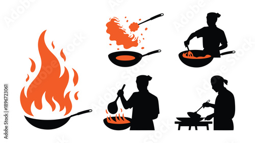 Stir-Frying Chef Silhouettes Cooking Food in Woks with Flames Vector Set