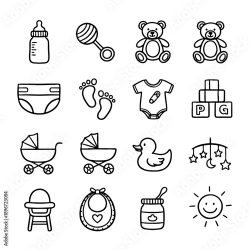 Hand-Drawn Baby Care and Nursery Icon Set in Creative Doodle Style