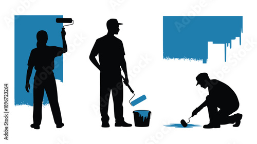 Painters Silhouettes Painting Walls and Floor with Blue Paint Rollers, Isolated Illustration