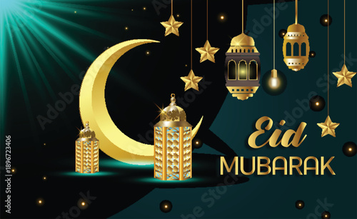 Eid Mubarak Festive Greeting with Golden Lanterns