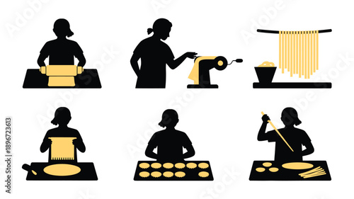 Homemade pasta making process in illustrated step-by-step black silhouettes on clean white background for culinary education.