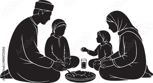 Black silhouette of a traditional Muslim family of four seated on the floor, sharing a meal together—symbolizing unity, cultural tradition, and spiritual bonding during Ramadan.