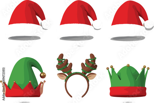 Set of Christmas festive hats and headbands featuring red Santa Claus hats and green elf hats with reindeer antlers isolated on grey background
