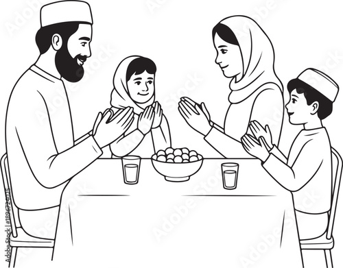 Black-and-white line drawing of a family of four seated at a table, raising their hands in prayer before a meal, symbolizing Islamic tradition, unity, and spiritual observance during Ramadan.