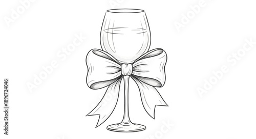 a minimalist black and white line art illustration of a wine glass with a festive bow ideal for celebrations gifting and special occasion designs.