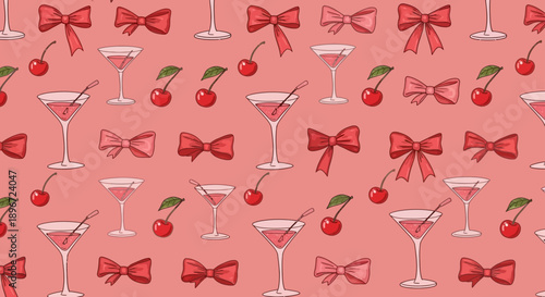 a repeating seamless pattern of pink cocktails red cherries and decorative bows on a soft pink background ideal for party decorations.